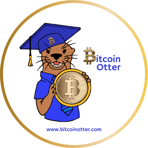 an otter holding a Bitcoin wearing a graduation cap